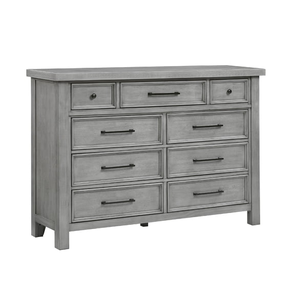 Benjara Daisy 62 Inch Dresser, Gray Mango Veneer, 9 Drawers, Bronze Metal