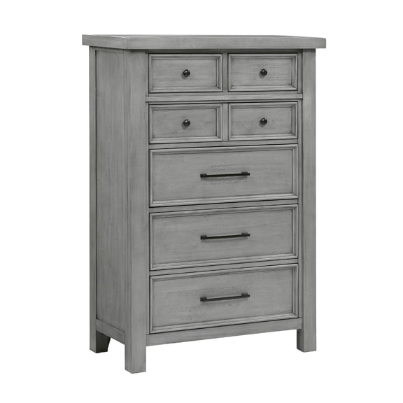 Benjara Daisy Tall Dresser Chest, Gray Mango Veneer, 7 Drawers, Bronze Knobs