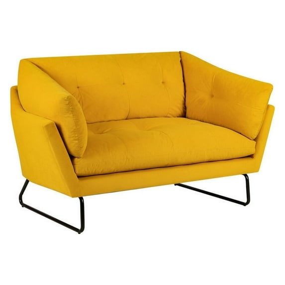 Benjara Deb 57 Inch Modern Loveseat, Foam Tufted Plush Yellow Velvet, Pillow Arms