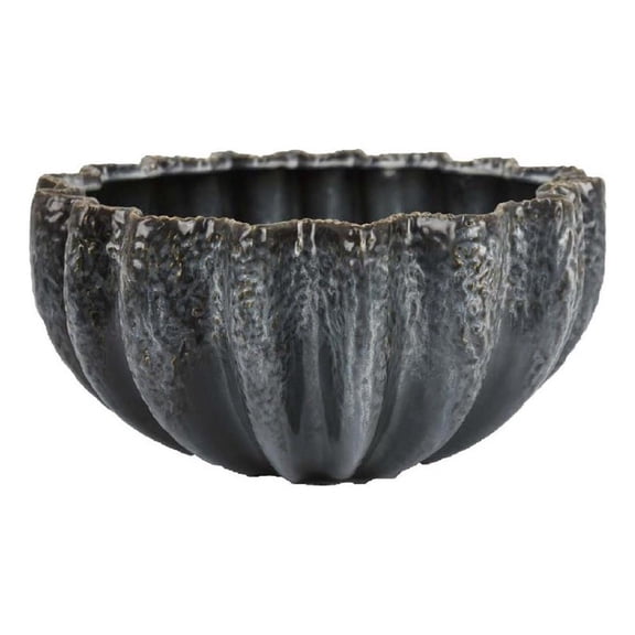 Benjara Decorative Bowl- Aqua Gray Ceramic- Fluted Scalloped Sides- 13 Inch