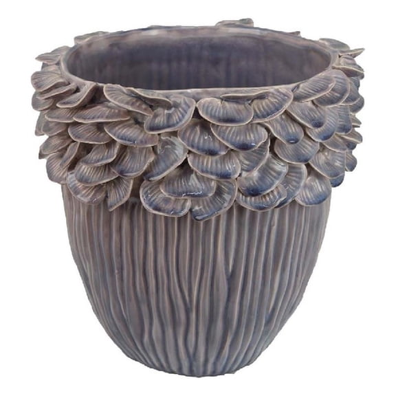 Benjara Decorative Planter- 13" Ribbed Seashell Design- Purple Ceramic
