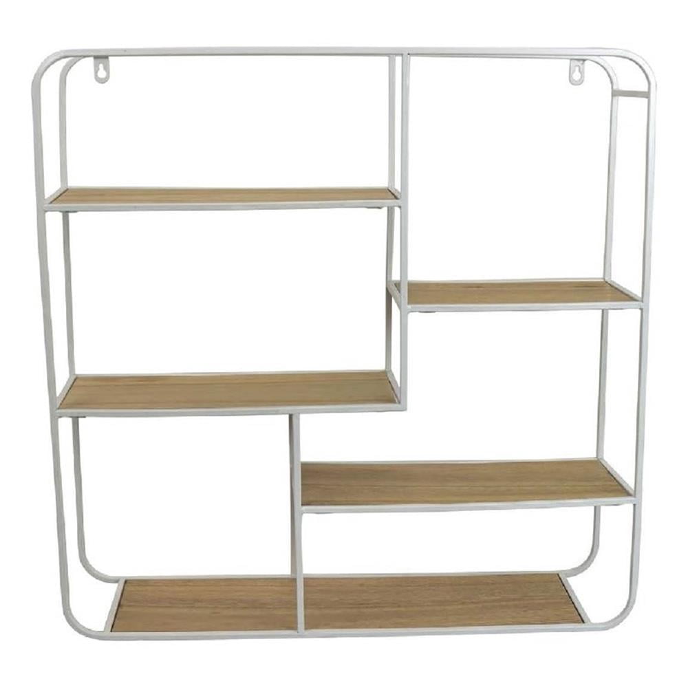 Staggered Racks Benjara Decorative Wall Shelf with 6 Staggered Wood Racks- White Metal ...
