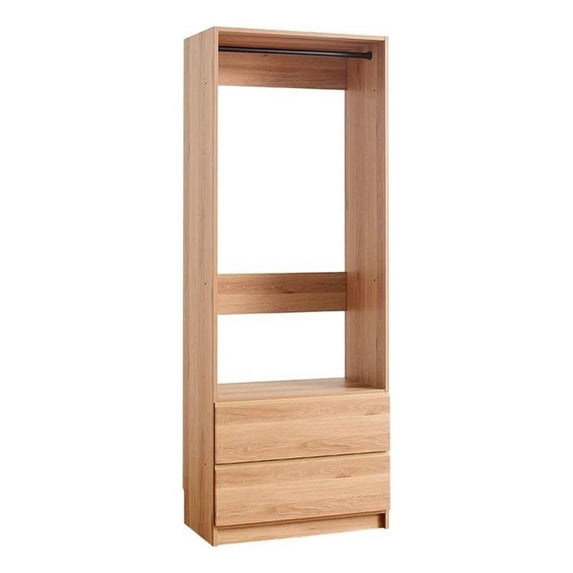 Benjara Dee Modular Closet System- 1 Metal Hanging Rod and 2 Drawer- Oak Brown