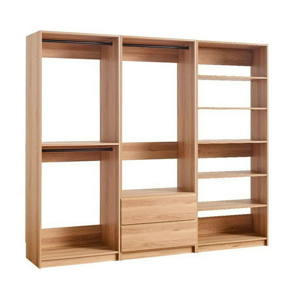 Dee Modular Closet System, 5 Floating Shelves, 2 Drawers, Oak Brown Wood