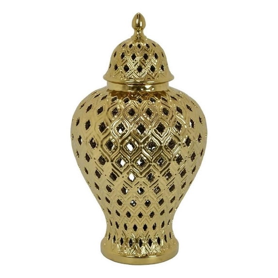 Benjara Deni 18" Temple Jar- Pierced- Carved Lattice Design- Lid- Gold