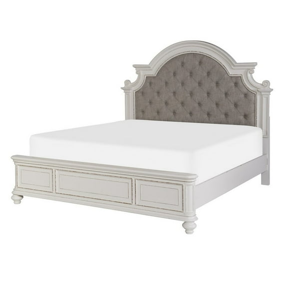 Benjara Desha California King Bed, Button Tufted Headboard, Curve Details, White