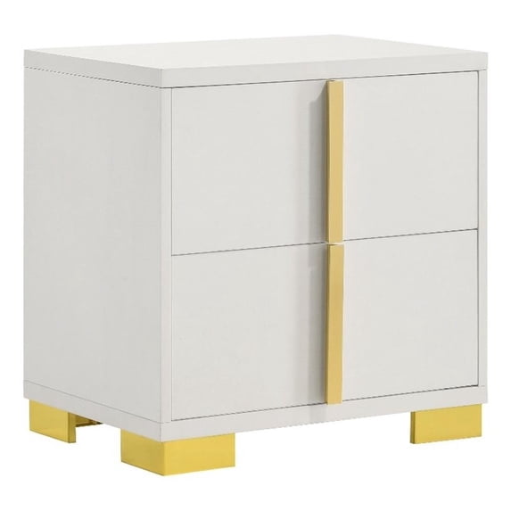 Dex 22 Inch Nightstand- 2 Drawers with Long Vertical Gold Handles- White