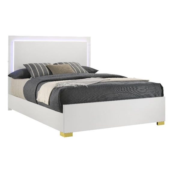 Dex Platform King Size Bed- Panel LED Headboard- White Wood Melamine Finish