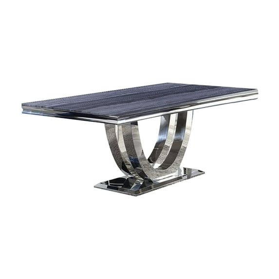Benjara Dining Table with Faux Marble Top and Open Pedestal Base, Chrome