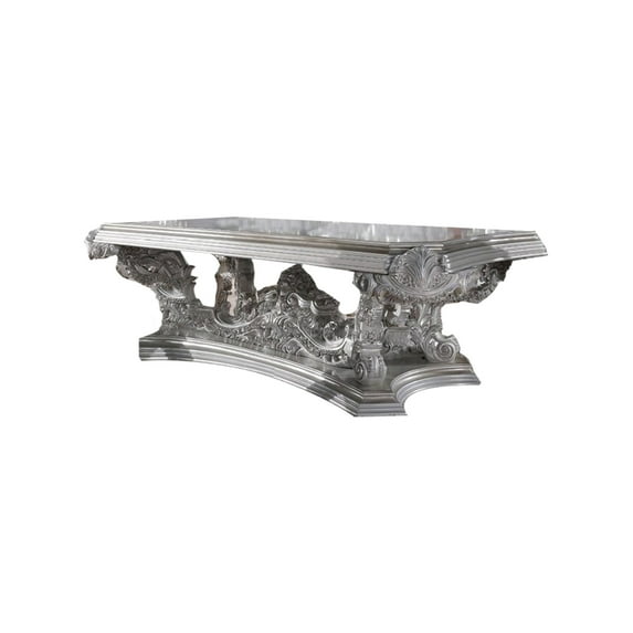 Benjara Dining Table with Intricate Scroll Floral Carvings, Gray
