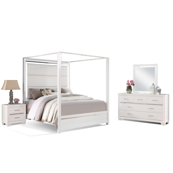 Benjara Dio 4pc Queen Canopy Bedroom Set with Nightstand, Dresser ...