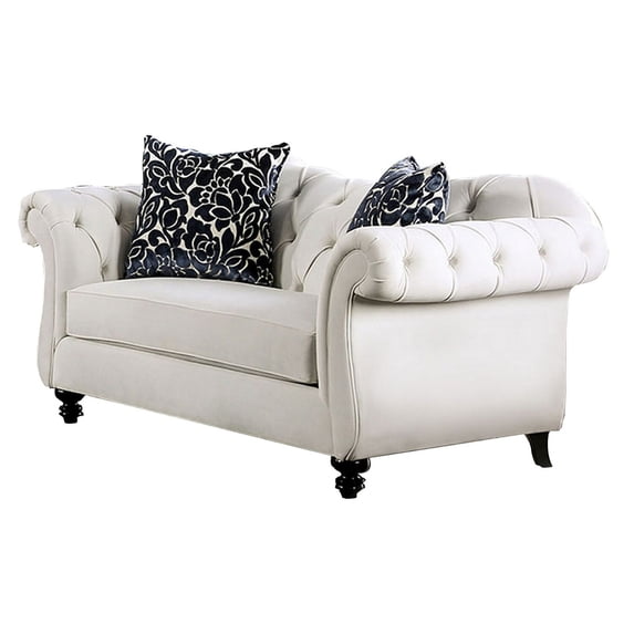 Benjara BM299714 Div 68 in. Chesterfield Loveseat, 2 Pillows, Camelback Seat - White & Black, Brown