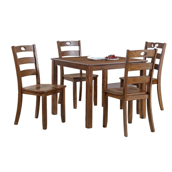 Benjara Diyo 5 Piece Dining Table Set, Square Top, Slatted, Natural Brown Wood