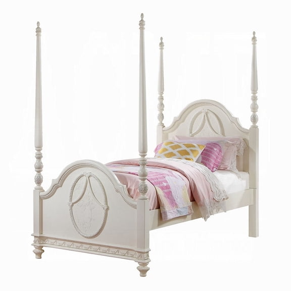 Benjara Dorie Twin Size Poster Bed, Embossed Floral and Oval ing, Ivory