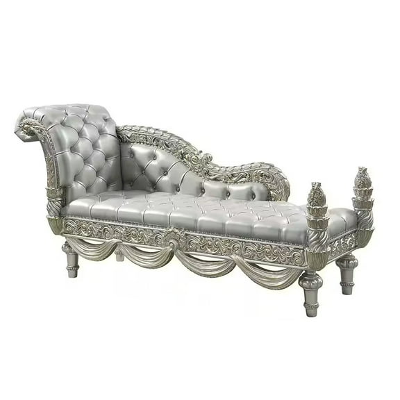 Dove Chaise Bench, Beige Faux Leather, Champagne Finished Wood 82 Inch