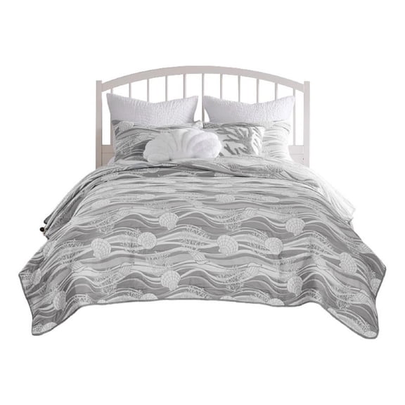 Benjara Doz 2pc Twin Size Coverlet Set- Coastal Matelasse- Harbor Gray- White