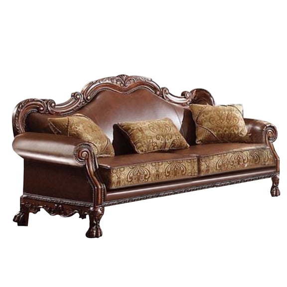 Benzara Dresden Upholstered Traditional Wood Sofa with Rolled Arms in Brown