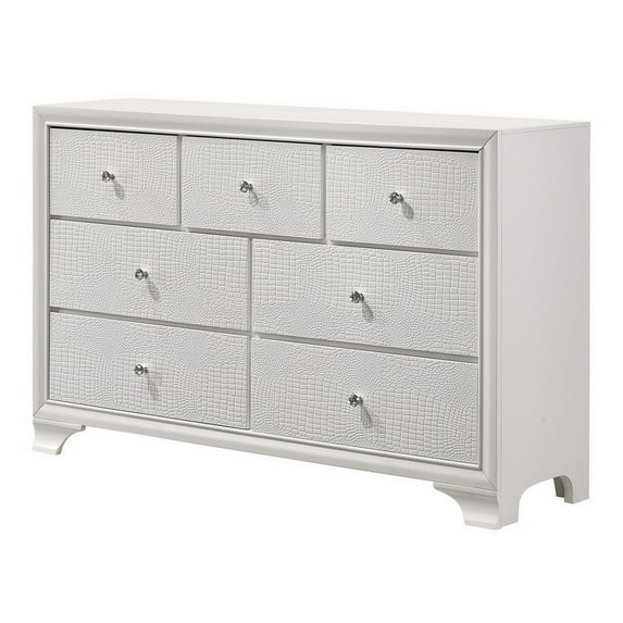 Benjara Dresser with 7 Drawers and Textured Pattern, White