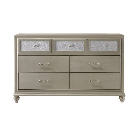 Benjara Dresser with 7 Storage Drawers and Turnip Feet, Champagne Gold