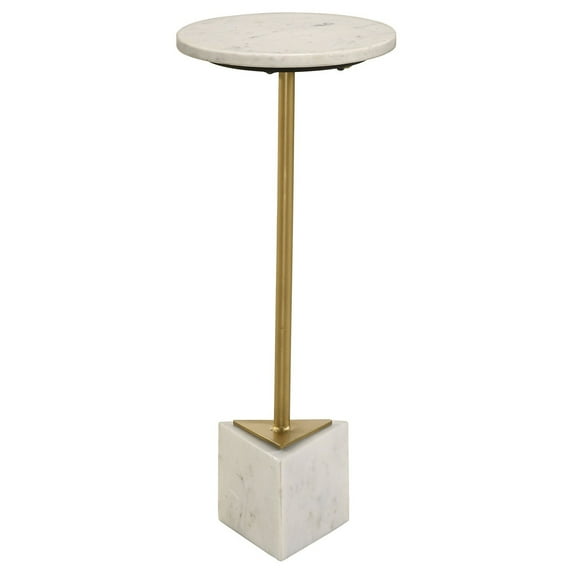 Benjara Drink Side Table, 10 Inch Round Marble Top, Triangular Base, Gold Frame