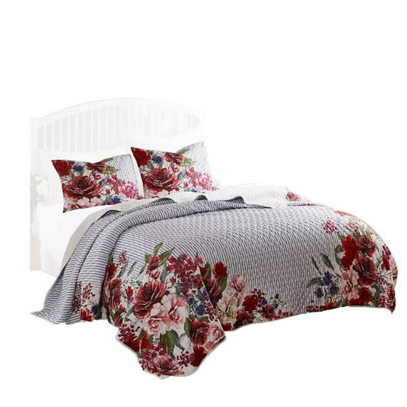 Benjara Dublin 2 Piece Reversible Pinstripe and Floral Border Twin Quilt Set, Multicolor