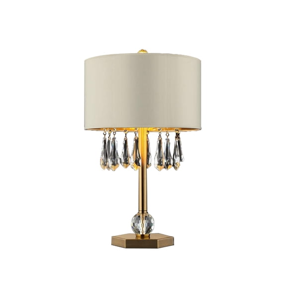 Benjara Earl 29 Inch Table Lamp, Ivory Shade, Crystal Droplets, Gold