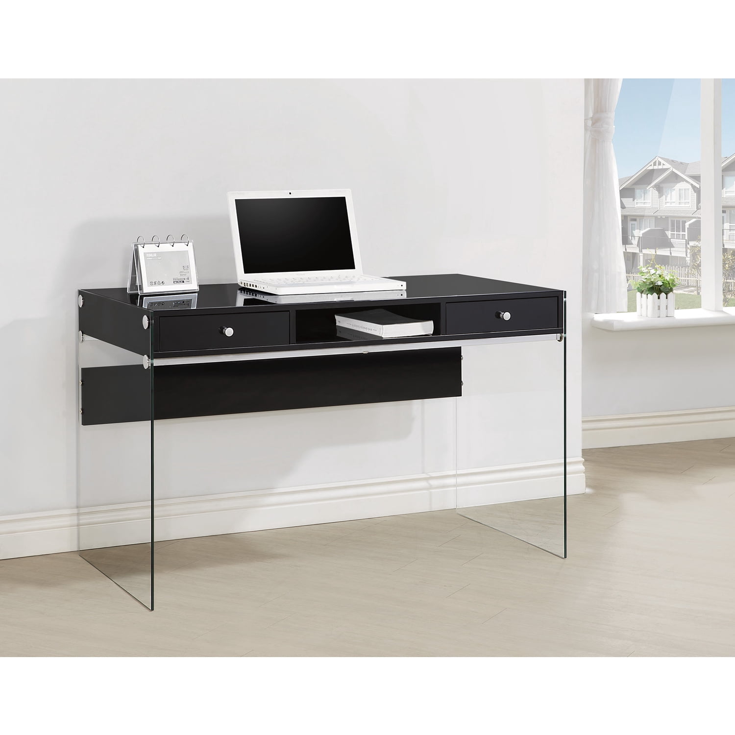 Benjara Elegant Metal Writing Desk with Glass Sides, Clear And Black ...