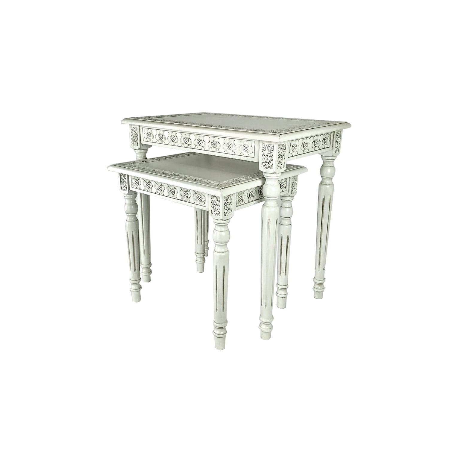 Antique White Engraved Wood Nesting Tables Set of 2