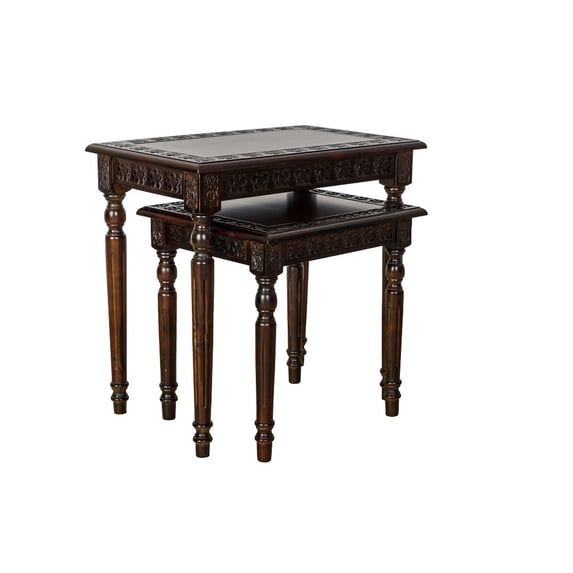 Benjara Elegantly Engraved Wooden Frame Nesting Table, Set of 2, Brown