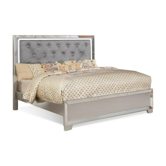 Eli Crystal Tufted Queen Bed LED Mirror Inlays Wood Gray Velvet Silver