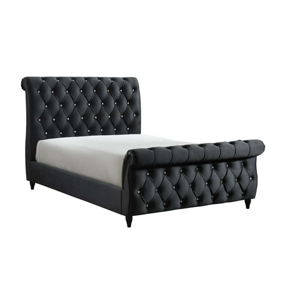 Benjara Ellowen Queen Size Bed, Diamond Tufted Black Upholstery, Panel Headboard