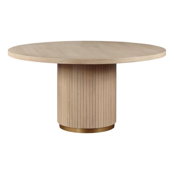 Benjara Emi 59" Dining Table- Round Top & Pedestal Base- Rustic Brown- Gold