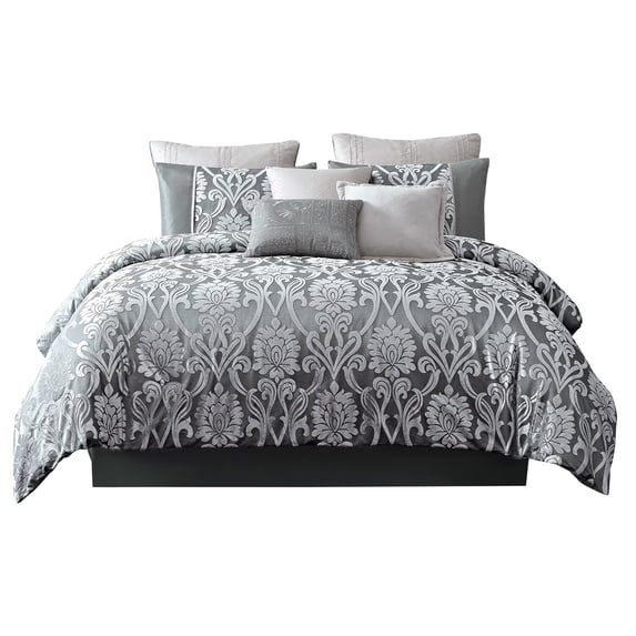 Benjara Emma 9 Piece Polyester Queen Comforter Set, Gray Silver Velvet Damask Print