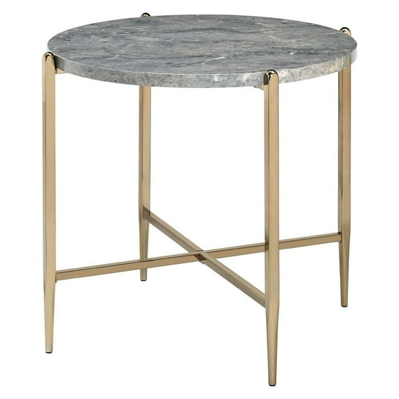 Benjara End Table with Oval Marble Top and X Shaped Support, Gray and Gold
