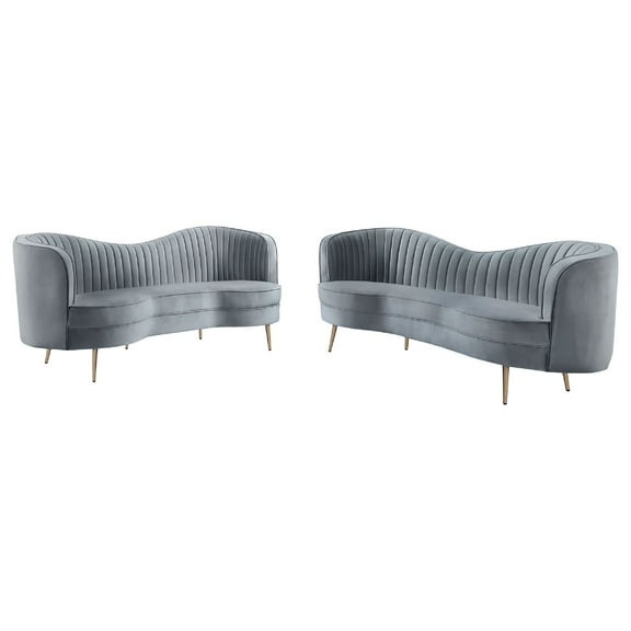 Benjara Enzo 2pc Living Room Sofa Set- Modern Curved- Gray Channel Tufted Velvet