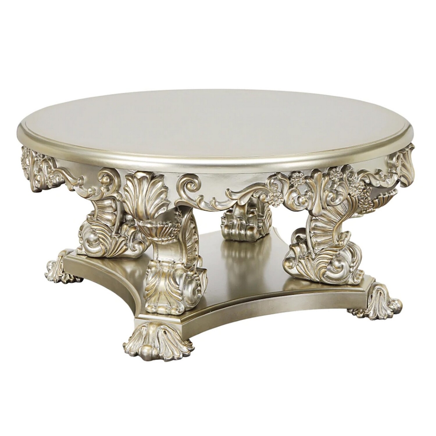 Benjara esen 48 inch round coffee table sculpted floral carvings