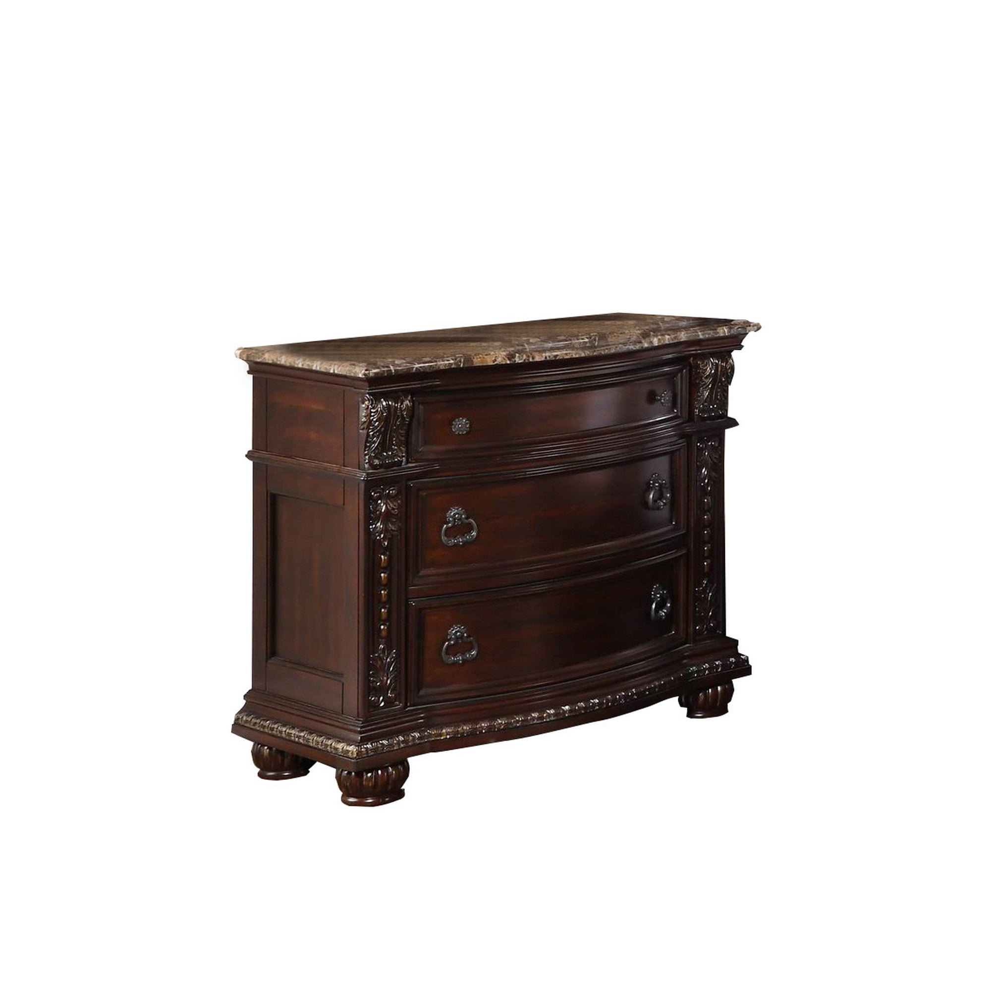 European Style Nightstand with 3 Drawers and Marble Top, Dark Cherry Brown- Saltoro Sherpi