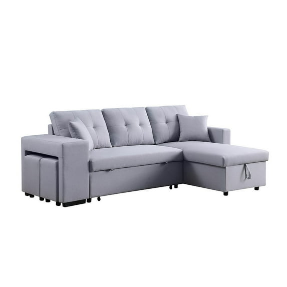 Everett 93 Inch Sleeper Sectional Sofa, Storage Chaise, Stools, Light Gray- Saltoro Sherpi