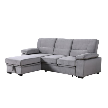 Exie 98 Inch 2 Piece Sectional Sofa, Pull Out Bed, Storage, Gray Velvet- Saltoro Sherpi