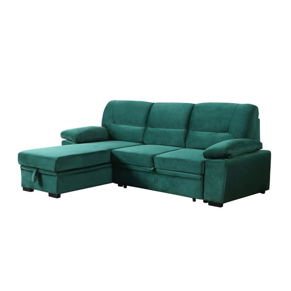 Exie 98 Inch 2 Piece Sectional Sofa, Pull Out Bed, Storage, Green Velvet- Saltoro Sherpi