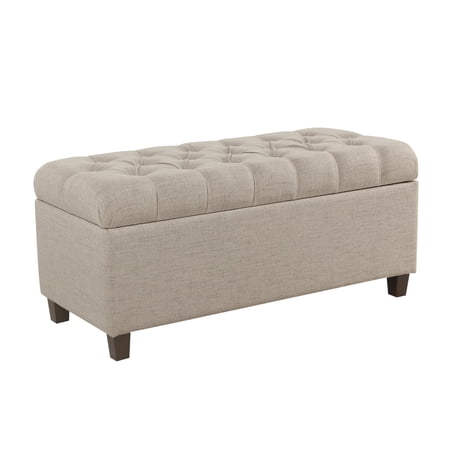 Benjara Fabric Upholstered Button Tufted Wooden Bench With Hinged Storage, Beige and Brown