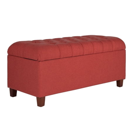 Benjara Fabric Upholstered Button Tufted Wooden Bench With Hinged Storage, Red and Brown