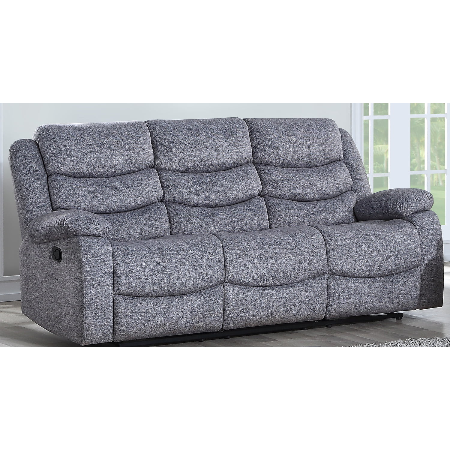 Benjara Fabric Upholstered Dual Recliner Sofa with Power Footrest, Gray