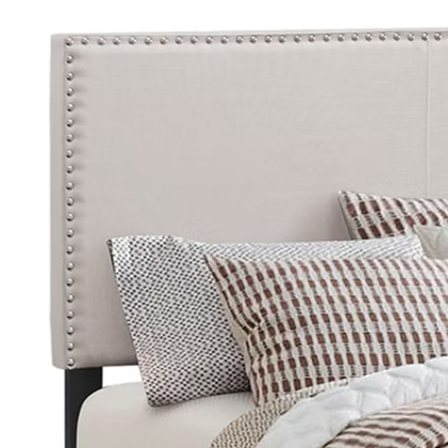 Ivory Upholstered Queen Platform Bed with Nailhead Trim and Wood Frame