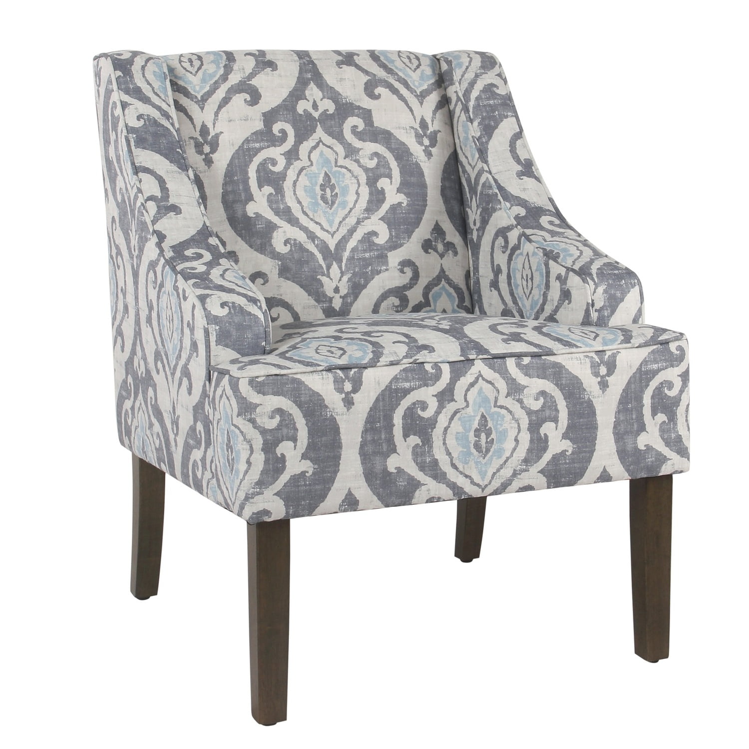 Swooping Armrests Brown Wood Accent Chair with Damask Fabric