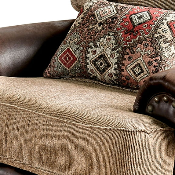 Benjara Fabric Upholstered Wooden Chair with Rolled Armrest, Brown