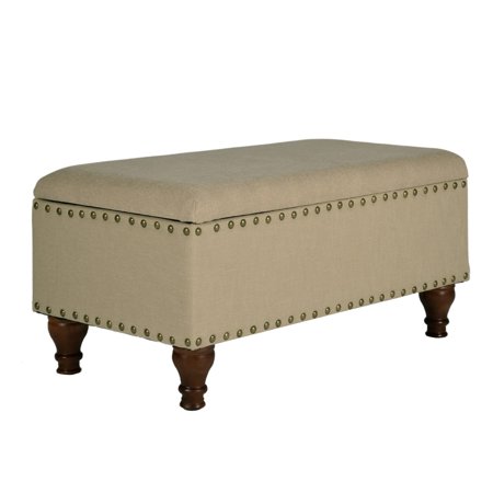 Benjara Fabric Upholstered Wooden Storage Bench With Nail head Trim, Large, Beige and Brown