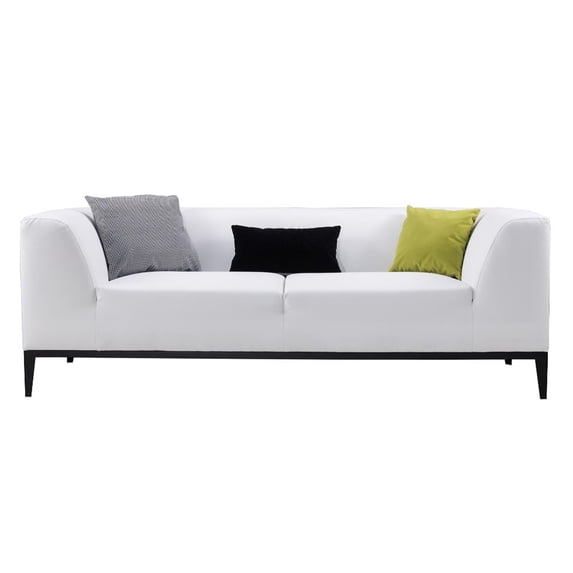 Benjara Faux Leather Upholstered Wooden Sofa with Elevated Armrest, White and Black