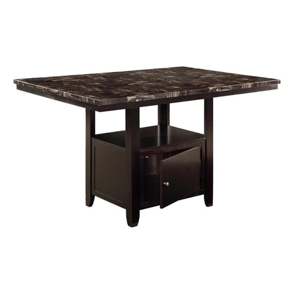 Benjara Faux Marble Top Counter Height Table With Bottom Compartment- Brown