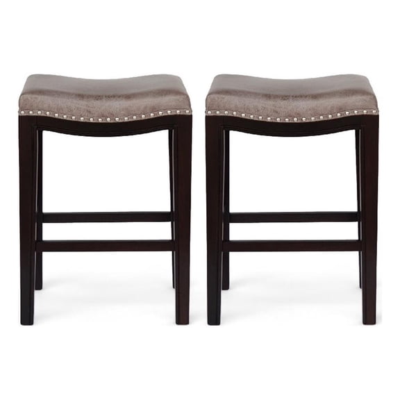 Benjara Feine Counter Stool Set of 2- Nailhead Trim- Taupe Gray Faux Leather